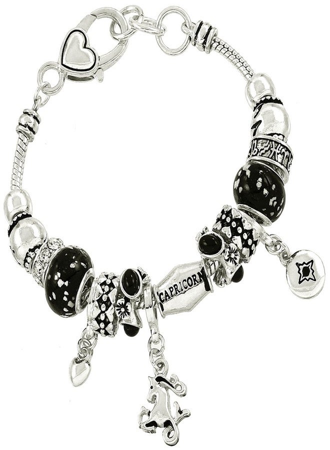 Falari Zodiac Charm Bracelet Multi-Color Slide Metal Murano Beads Silvertone Capricorn - Image 1
