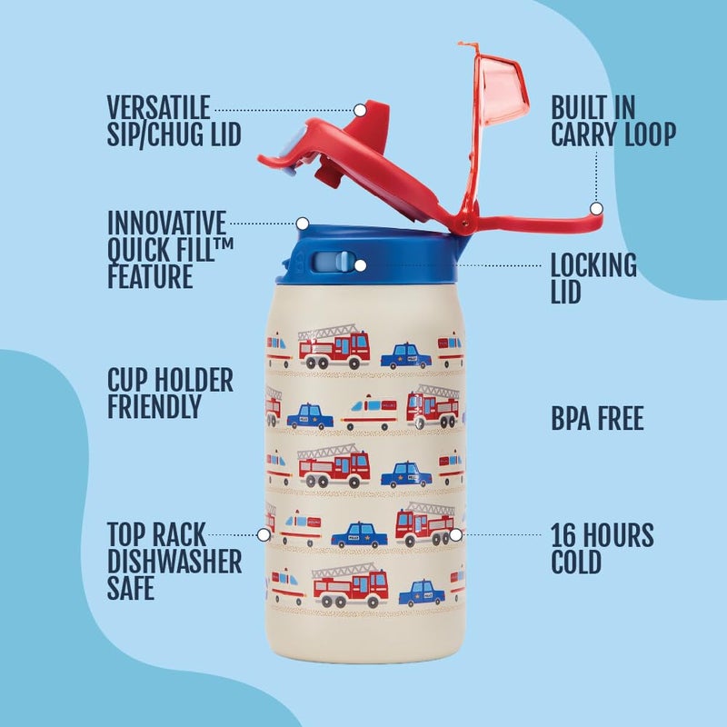 Ello Kids Pop & Fill 12oz Toddler Water Bottle with Quick Fill Lid, Double-Wall Vacuum Insulated Stainless Steel, Leak Proof, BPA Free, Sip & Chug, For School, Lunchboxes, To the Rescue - Image 4