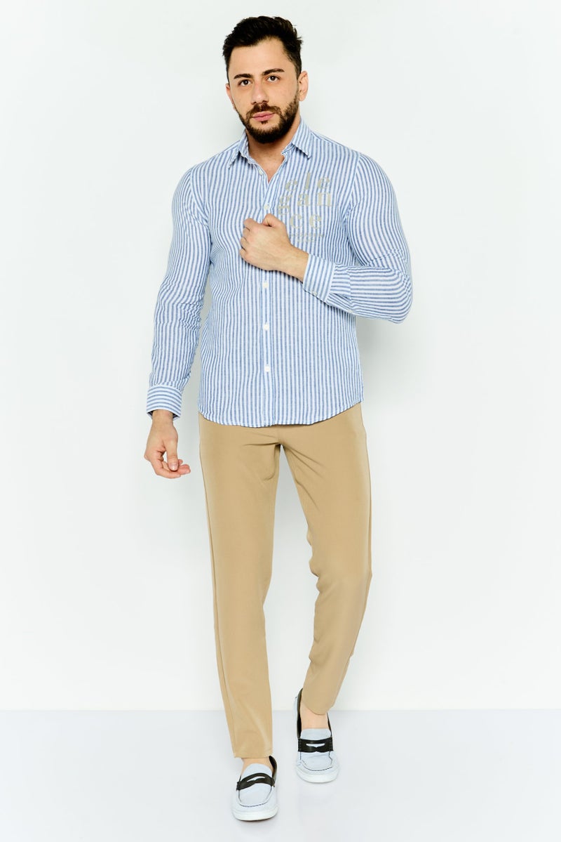 Gazzarrini Men Regular Fit Stripe Long Sleeve Casual Shirt, White - Image 2