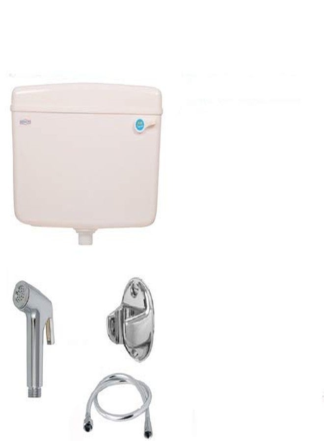 SHRUTI PVC Aqua Flow Flushing Cistern Flush Tank Ivory 10.Liter Capacity with Free PVC Health Faucet Continental Type With PVC Full Flexible Full Silver Shower Tube 3.Meter & ABS Chrome Plated Stand - 2249 Ivory-1176-1168 Full Cp - Image 1