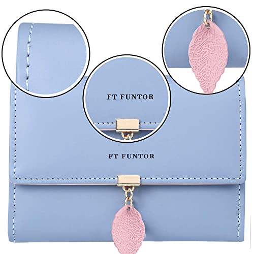 FT FUNTOR RFID Wallets for Women, Leaf Card Holder Trifold Ladies Wallets Coins Zipper Pocket with ID Window Blue - Image 3