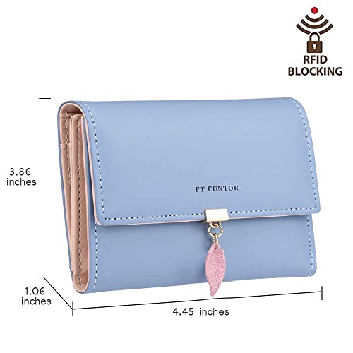 FT FUNTOR RFID Wallets for Women, Leaf Card Holder Trifold Ladies Wallets Coins Zipper Pocket with ID Window Blue - Image 5