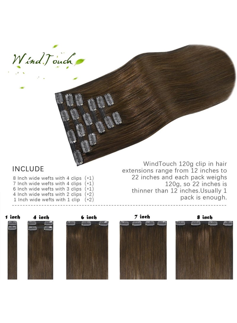 WindTouch Clip in Hair Extensions Human Hair, 22 Inch 120g 7pcs Medium Brown Hair Extensions for Women Clip in, Seamless Clip in Human Hair Soft Natural Straight for Women - Image 3