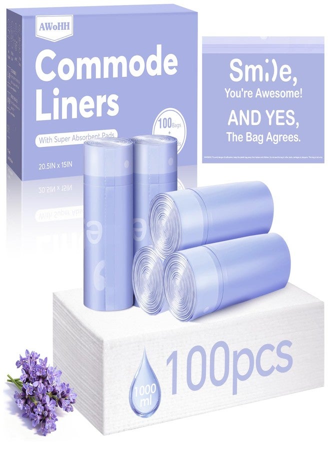 AWoHH 100 Pcs Bedside Commode Liners with Absorbent Pads, Tear-Free Leak-Proof Lavender Scented Commode Liners and Pads, Odor-Free Portable Toilet Liners & Potty Chair Bags for Disposable Adult, Bedpan - Image 1