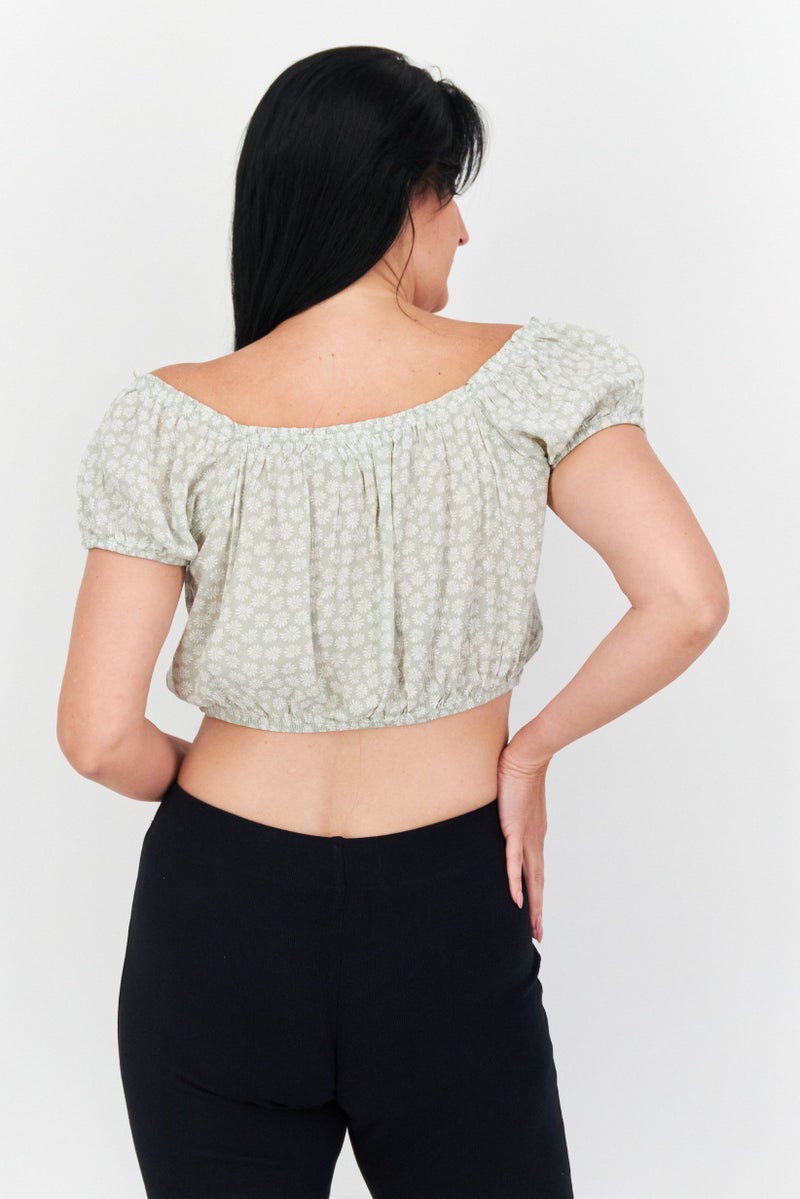 Hippie Rose Women Off Shoulder Neck Short Sleeve Floral Print Blouse, Sage Combo  - Image 4