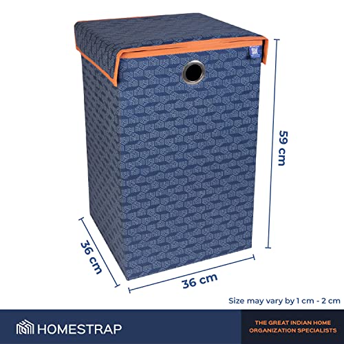 Homestrap Printed Non-Woven Laundry Basket with Lid and Handle – 75L Foldable Cloth Storage Hamper for Clothes, Towels, Toys, Shoes | Collapsible Organizer for Bedroom, Bathroom (NavyBlue&Orange) - Image 2