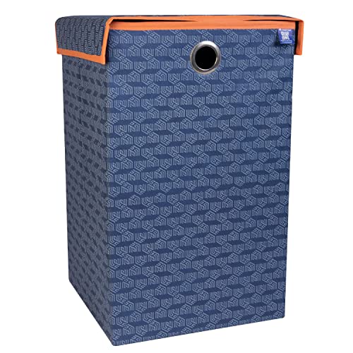 Homestrap Printed Non-Woven Laundry Basket with Lid and Handle – 75L Foldable Cloth Storage Hamper for Clothes, Towels, Toys, Shoes | Collapsible Organizer for Bedroom, Bathroom (NavyBlue&Orange) - Image 1