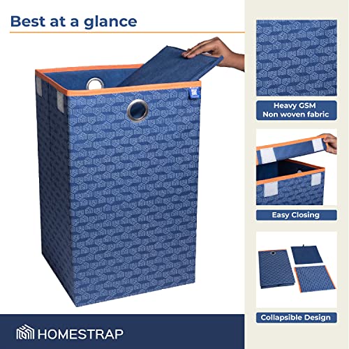 Homestrap Printed Non-Woven Laundry Basket with Lid and Handle – 75L Foldable Cloth Storage Hamper for Clothes, Towels, Toys, Shoes | Collapsible Organizer for Bedroom, Bathroom (NavyBlue&Orange) - Image 3