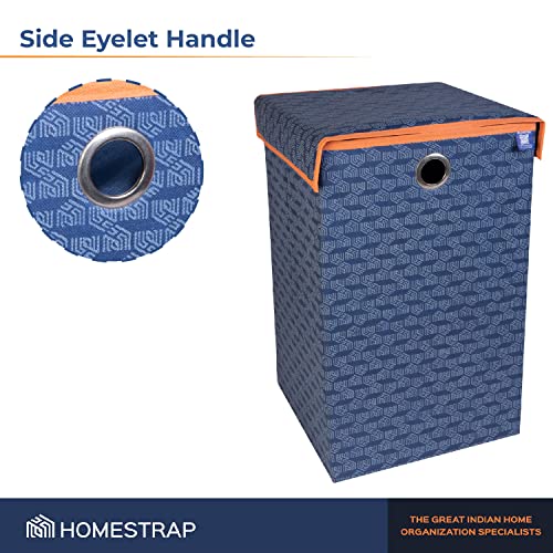 Homestrap Printed Non-Woven Laundry Basket with Lid and Handle – 75L Foldable Cloth Storage Hamper for Clothes, Towels, Toys, Shoes | Collapsible Organizer for Bedroom, Bathroom (NavyBlue&Orange) - Image 4
