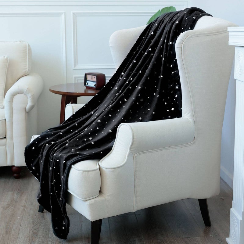 NANPIPER Fleece Blankets Star Foil Print ThrowSuper Soft Flannel Fuzzy Blanket50x 65 Black