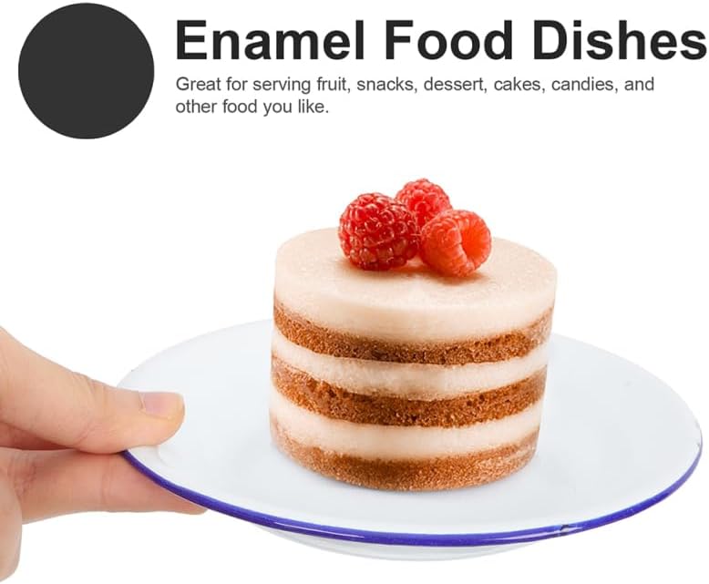 DOITOOL Pack of 4 Enamel Plates 63 Inch Unbreakable Enamelware Dinner Serving Platter Trays Retro Salad Pasta Bowls Round Shallow Bowls with Blue Rim for Dinner Outdoor Camping Picnic BBQ - Image 2