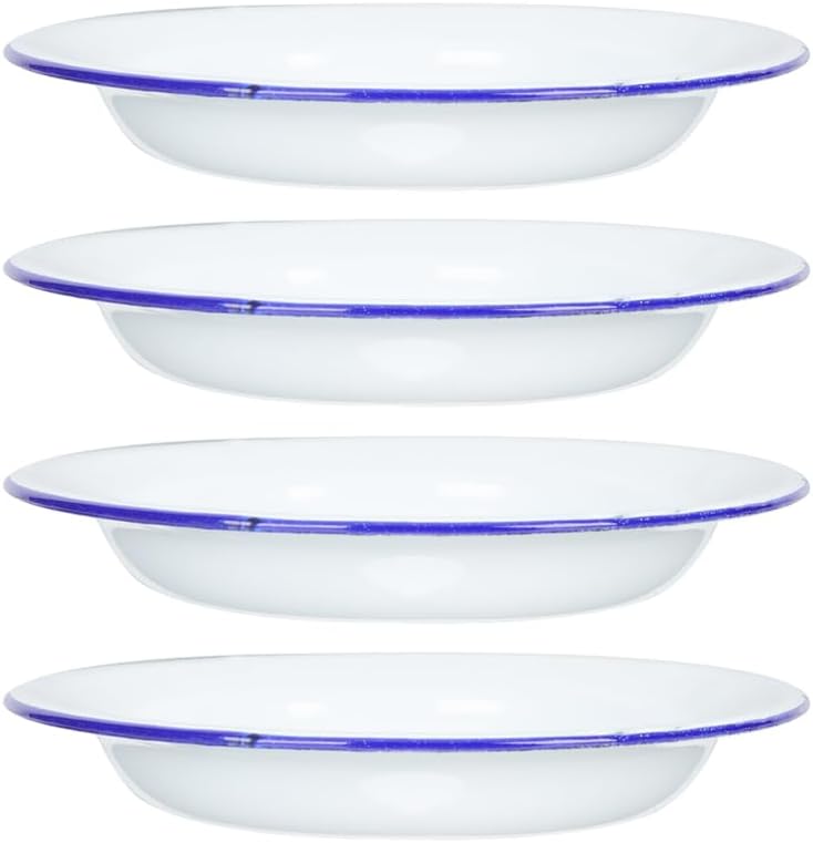 DOITOOL Pack of 4 Enamel Plates 63 Inch Unbreakable Enamelware Dinner Serving Platter Trays Retro Salad Pasta Bowls Round Shallow Bowls with Blue Rim for Dinner Outdoor Camping Picnic BBQ - Image 1