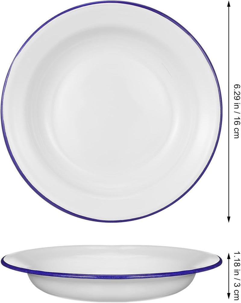 DOITOOL Pack of 4 Enamel Plates 63 Inch Unbreakable Enamelware Dinner Serving Platter Trays Retro Salad Pasta Bowls Round Shallow Bowls with Blue Rim for Dinner Outdoor Camping Picnic BBQ - Image 3