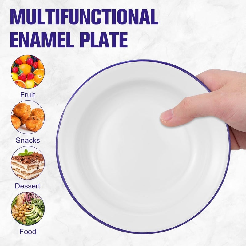 DOITOOL Pack of 4 Enamel Plates 63 Inch Unbreakable Enamelware Dinner Serving Platter Trays Retro Salad Pasta Bowls Round Shallow Bowls with Blue Rim for Dinner Outdoor Camping Picnic BBQ - Image 4