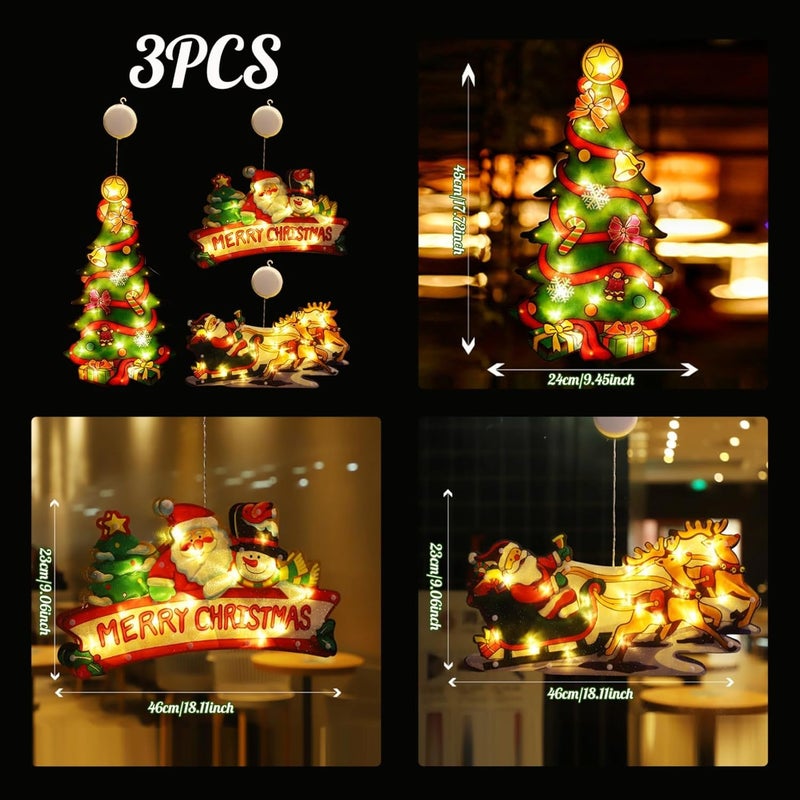 BIGTHREE 3 Pcs Christmas Window Hanging Lights Set with Suction Cups - Santa Claus, Christmas Tree, and Merry Christmas Designs - Image 2