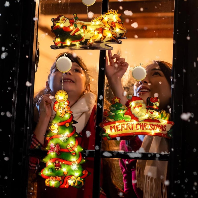 BIGTHREE 3 Pcs Christmas Window Hanging Lights Set with Suction Cups - Santa Claus, Christmas Tree, and Merry Christmas Designs - Image 3