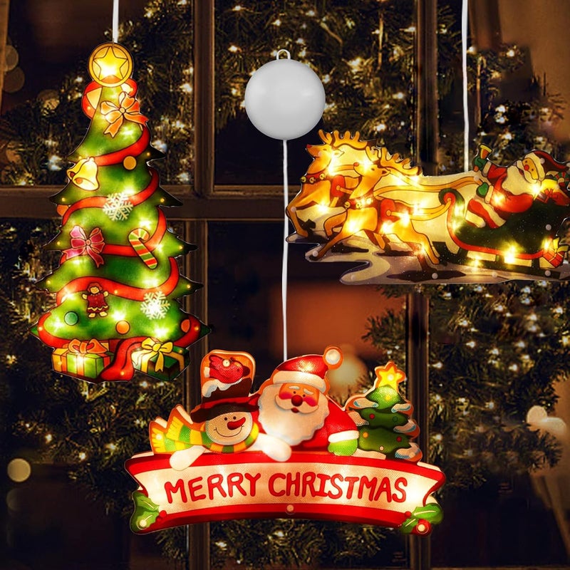 BIGTHREE 3 Pcs Christmas Window Hanging Lights Set with Suction Cups - Santa Claus, Christmas Tree, and Merry Christmas Designs - Image 1