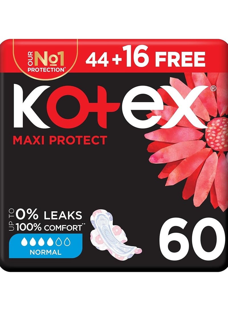 كوتكس 60 قطعة من وسادات Maxi Protect السميكة - الحجم العادي مع الأجنحة للراحة اليومية!