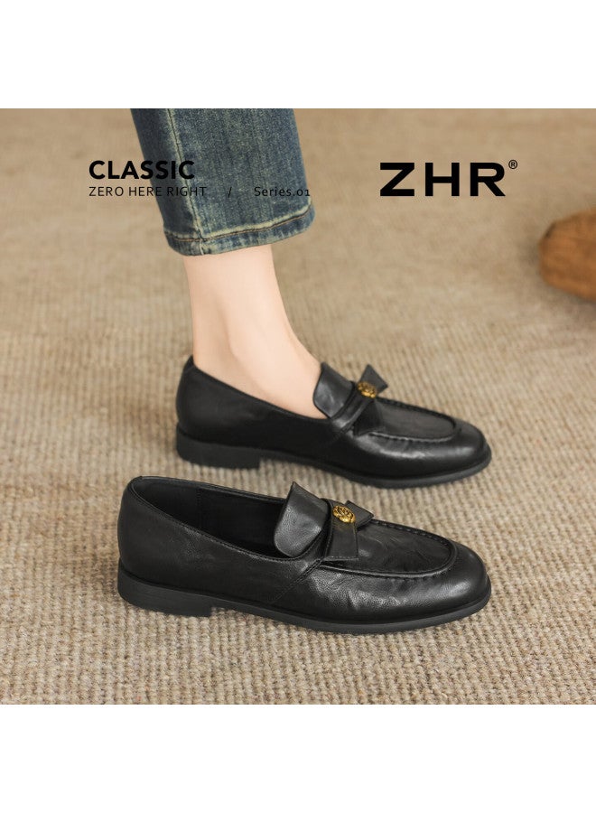 Zhr Zezu Women's Loafers Vintage Flat Leather Shoes Elegant Commuter Versatile Single Shoes Eh208 Black Size 38 - Image 3