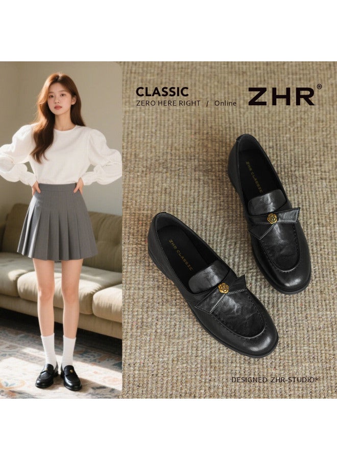 Zhr Zezu Women's Loafers Vintage Flat Leather Shoes Elegant Commuter Versatile Single Shoes Eh208 Black Size 38 - Image 1