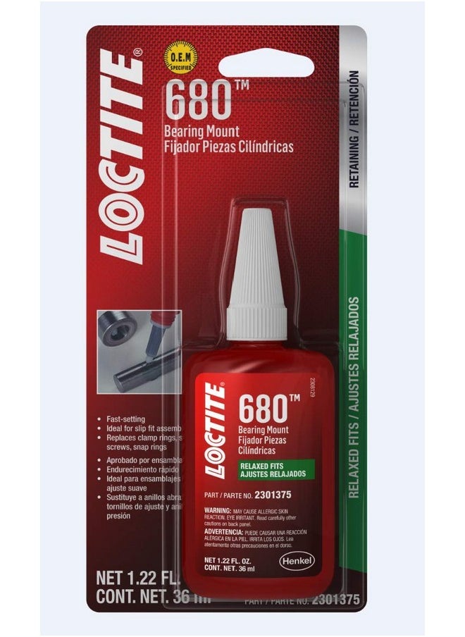 Loctite LOCTITE 680 High Strength Bearing Mount For Relaxed Fits, O.E.M. Specified, Anaerobic, High Strength, Medium Viscosity, Slip Fit Assemblies | 36 ml. Bottle (PN: 2301375) 