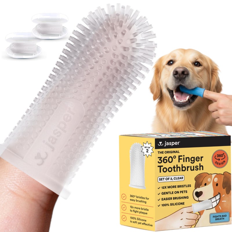 Jasper Dog Toothbrush, 360 Degree Dog Tooth Brushing Kit, Cat Toothbrush, Canine Dental Care & Teeth Cleaning Kit, Pet Finger Tooth Brush, Use with Pet Toothpaste, 2-Pack Clear - Image 1