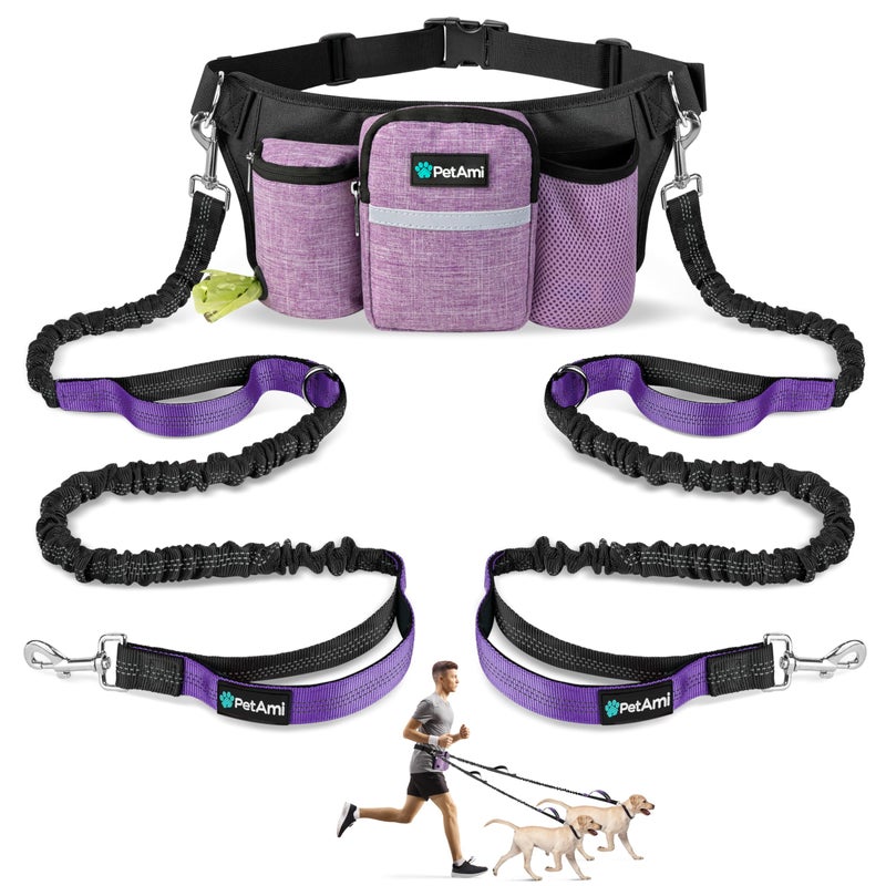 PetAmi Premium Hands Free Dog Leash for 2 Dogs Adjustable Waist Belt Leash for Dog Walking Fanny Pack Accessories Bag Dual Bungee Leash for Running Hiking Jogging Biking Purple - Image 2
