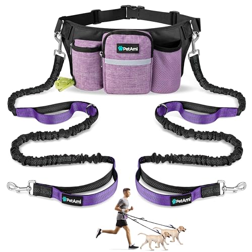PetAmi Premium Hands Free Dog Leash for 2 Dogs Adjustable Waist Belt Leash for Dog Walking Fanny Pack Accessories Bag Dual Bungee Leash for Running Hiking Jogging Biking Purple - Image 1