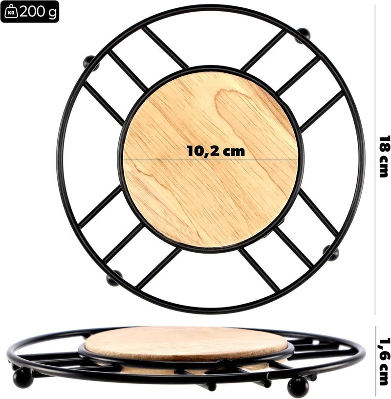 Rexez Round Metal Trivet with Wooden Centre, Heat Resistant Kitchen Hot Pot Stand (Black) - Image 2