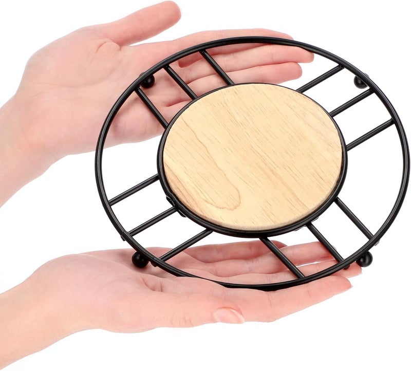 Rexez Round Metal Trivet with Wooden Centre, Heat Resistant Kitchen Hot Pot Stand (Black) - Image 1