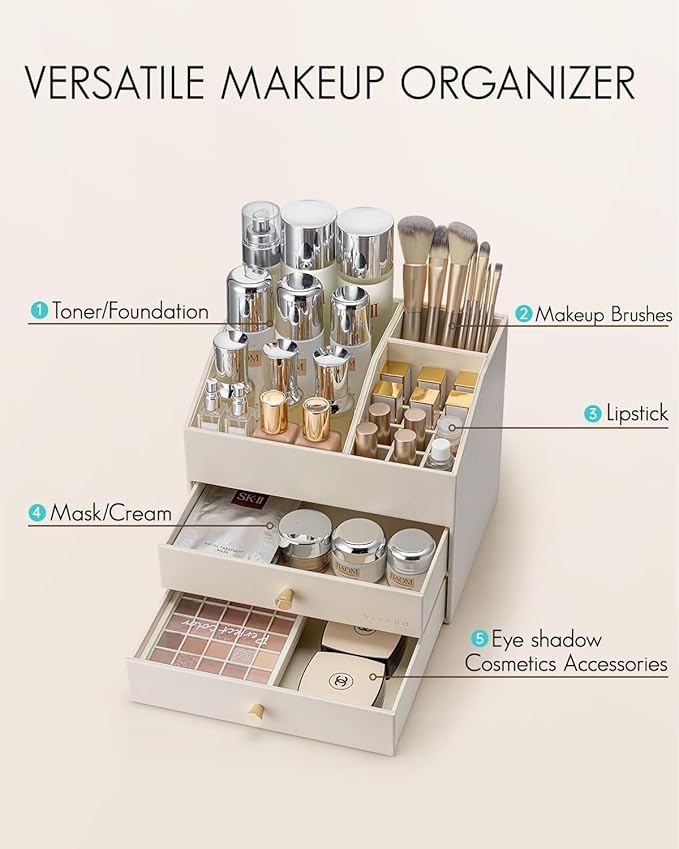 Vlando Makeup Organiser Storage Faux Leather Cosmetic Organiser with 2 Drawer For Lipsticks Jewelry Nail Care White