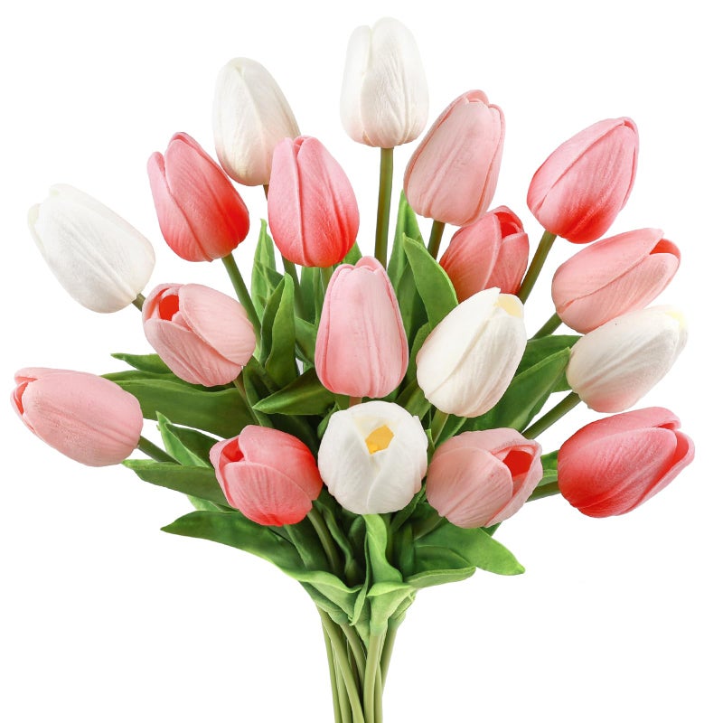 Beferr 18pcs Tulips Artificial Flowers Faux Tulip Real Touch Tulip Fake Flowers Bouquets Arrangements for Mothers Day Spring Easter Wedding Home Table Decor Colorful