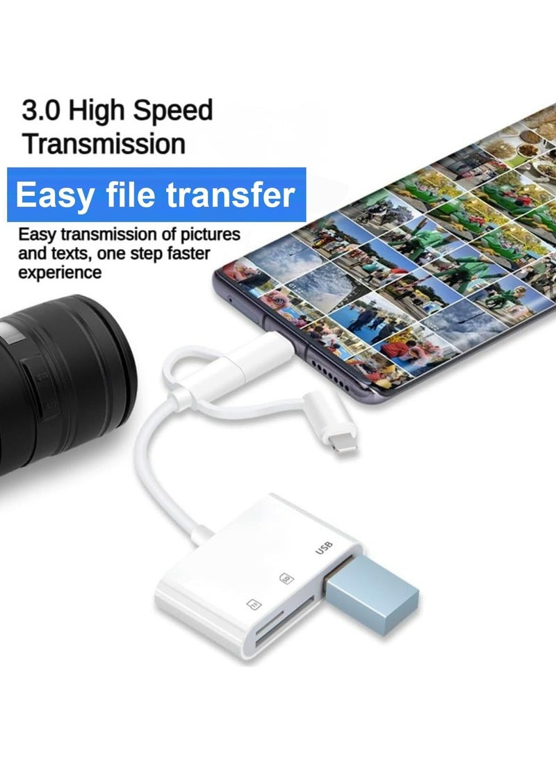 Oasisgalore - 3-in-1 White SD Card Reader, USB OTG Adapter for iPhone, USB-C, USB-A Devices, Portable Camera Adapter - Image 1