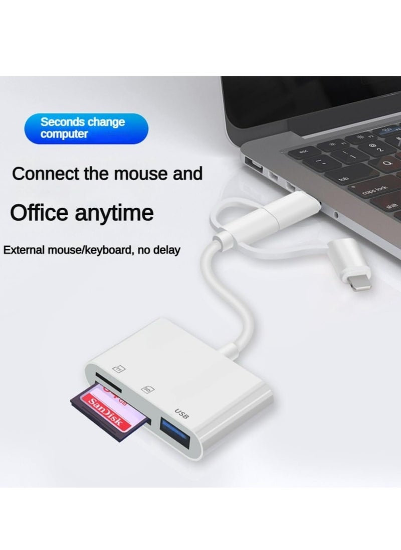 Oasisgalore - 3-in-1 White SD Card Reader, USB OTG Adapter for iPhone, USB-C, USB-A Devices, Portable Camera Adapter - Image 1