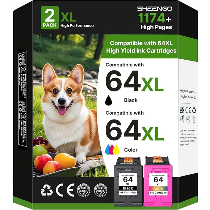 64XL Black and Color Ink Cartridge Replacement for Ink 64 for 64XL Ink Cartridge Combo Pack for Envy Photo 7855 7858 7155 7158 6255 6258 Inspire 7200e 7900e 7955e Tango X Terra(1 Black, 1 Color)