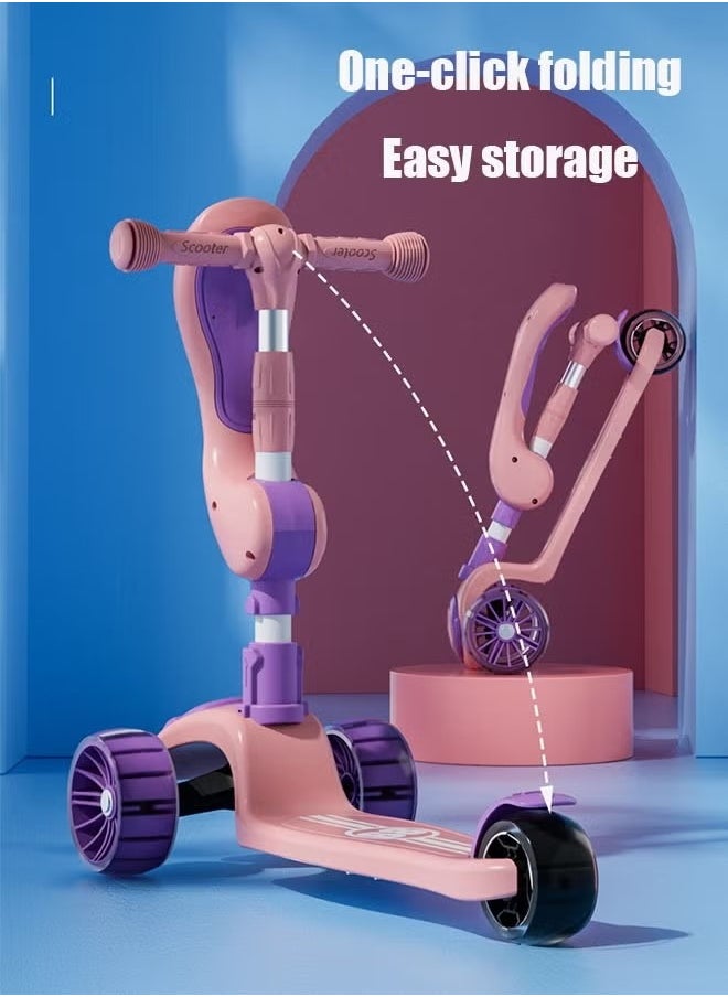 Shuer - Children's Scooter Ride Led Light Flashing Wheel Adjustable Height Foldable Scooter, Pink - Image 1