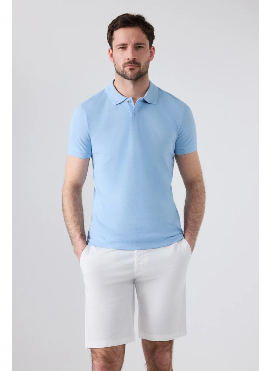 D'S DAMAT Regular Fit Light Blue Pique Textured 100% Cotton Non-Curl Polo Collar Embroidered T-Shirt 4HC14ORT51000