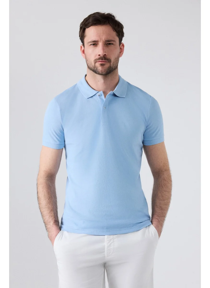D'S DAMAT Regular Fit Light Blue Pique Textured 100% Cotton Non-Curl Polo Collar Embroidered T-Shirt 4HC14ORT51000
