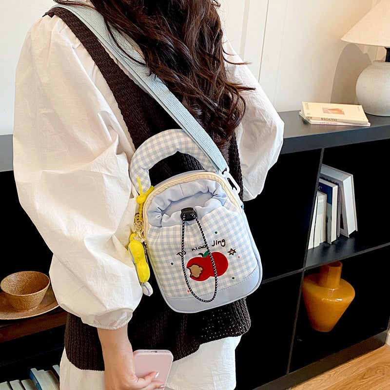 Sweet Dopamine Plaid Small Handbag, Women's Cartoon Apple Embroidery Shoulder Bag - Image 4