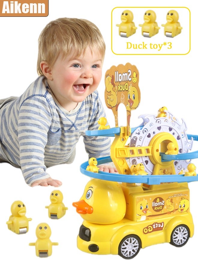 أيكين مجموعة ألعاب سيارات 2 في 1 على شكل بطة - شاحنة بطة مع موسيقى وإضاءة، لعبة أفعوانية، ألعاب تسلق السلالم مع 3 بطات، لعبة سباق البط للأطفال الصغار، عجلة فيريس على شكل بطة، هدية عيد ميلاد للأولاد والبنات - Image 1