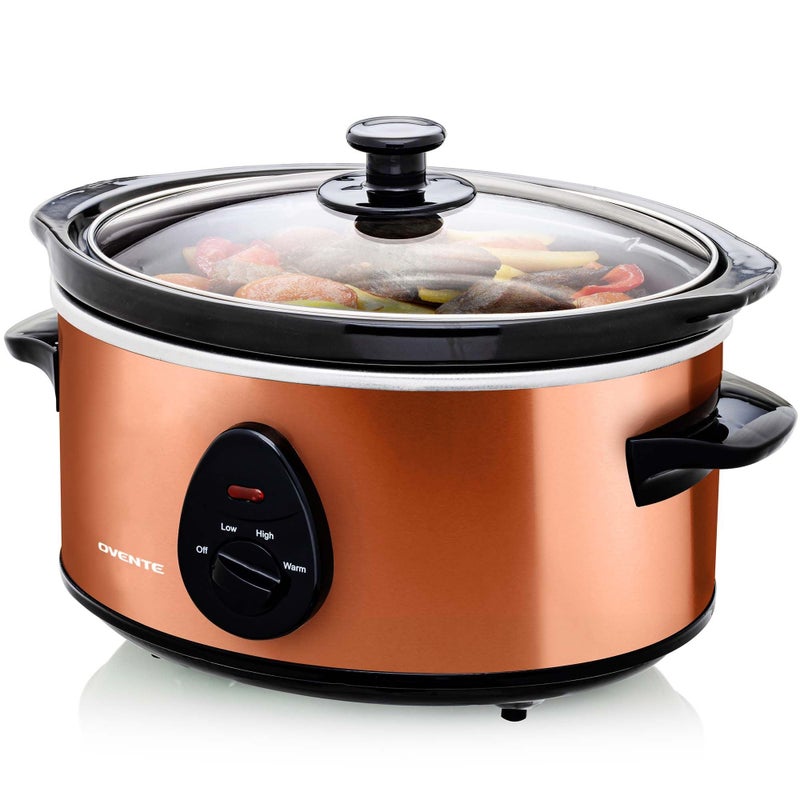 OVENTE Electric Slow Cooker with 3 Cooking Settings, Non-Stick and Dishwasher Safe Stoneware, Stainless Steel Body, Glass Lid, 3.7 Qt Oval Pot for Entrees, Soups, Sauces, Stews & Dips, Copper SLO35ACO - Image 1