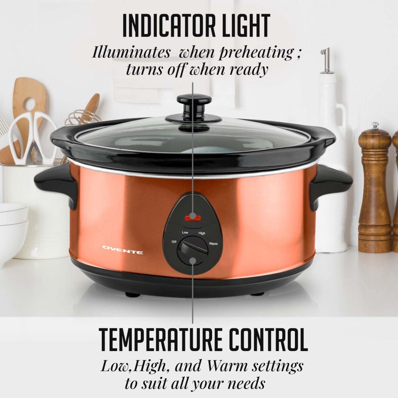 OVENTE Electric Slow Cooker with 3 Cooking Settings, Non-Stick and Dishwasher Safe Stoneware, Stainless Steel Body, Glass Lid, 3.7 Qt Oval Pot for Entrees, Soups, Sauces, Stews & Dips, Copper SLO35ACO - Image 3