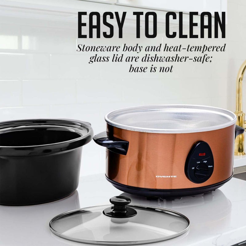 OVENTE Electric Slow Cooker with 3 Cooking Settings, Non-Stick and Dishwasher Safe Stoneware, Stainless Steel Body, Glass Lid, 3.7 Qt Oval Pot for Entrees, Soups, Sauces, Stews & Dips, Copper SLO35ACO - Image 5