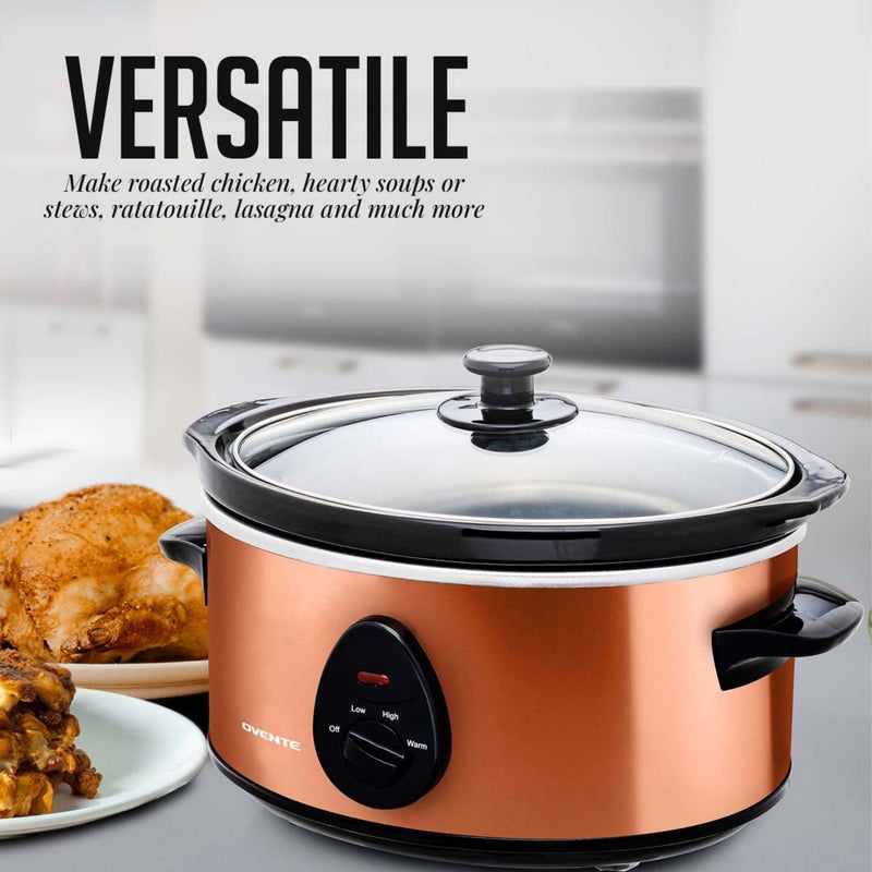 OVENTE Electric Slow Cooker with 3 Cooking Settings, Non-Stick and Dishwasher Safe Stoneware, Stainless Steel Body, Glass Lid, 3.7 Qt Oval Pot for Entrees, Soups, Sauces, Stews & Dips, Copper SLO35ACO - Image 4