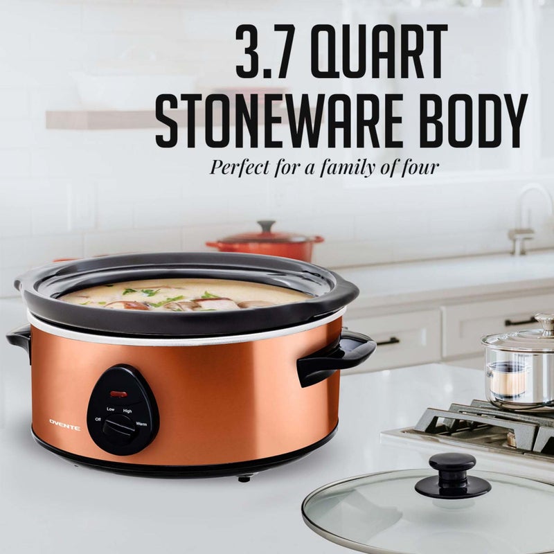 OVENTE Electric Slow Cooker with 3 Cooking Settings, Non-Stick and Dishwasher Safe Stoneware, Stainless Steel Body, Glass Lid, 3.7 Qt Oval Pot for Entrees, Soups, Sauces, Stews & Dips, Copper SLO35ACO - Image 2