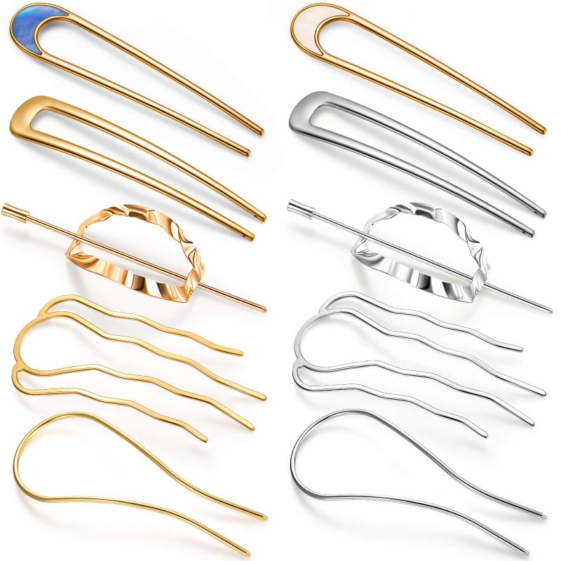 Waydress 10 Pieces Metal UShape Oval Side Comb Hairpin Hair Fork Clip Stick Hair Bun Updo Sticks Gold Silver Chignon Pin Grips for Women Styling Tool Accessories