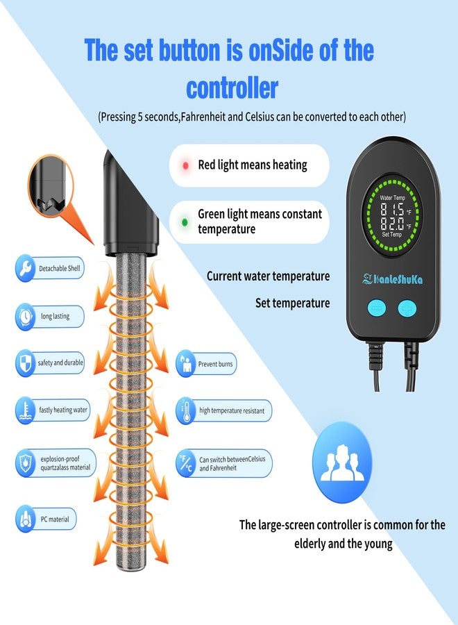 سخان حوض السمك الغاطس من هانليشوكا 100 واط / 200 واط / 300 واط / 500 واط، سخان حوض السمك مع حماية من درجات الحرارة العالية وسخان حوض السلاحف مع إيقاف تشغيل تلقائي عند مغادرة مياه البحر أو المياه العذبة. - Image 4