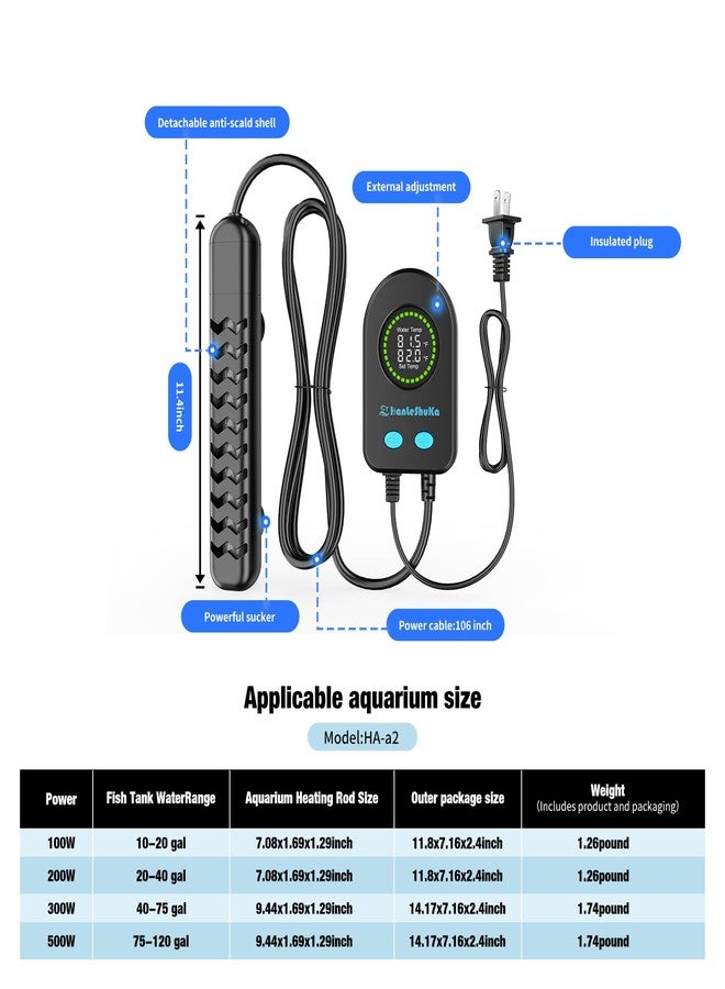 سخان حوض السمك الغاطس من هانليشوكا 100 واط / 200 واط / 300 واط / 500 واط، سخان حوض السمك مع حماية من درجات الحرارة العالية وسخان حوض السلاحف مع إيقاف تشغيل تلقائي عند مغادرة مياه البحر أو المياه العذبة. - Image 5