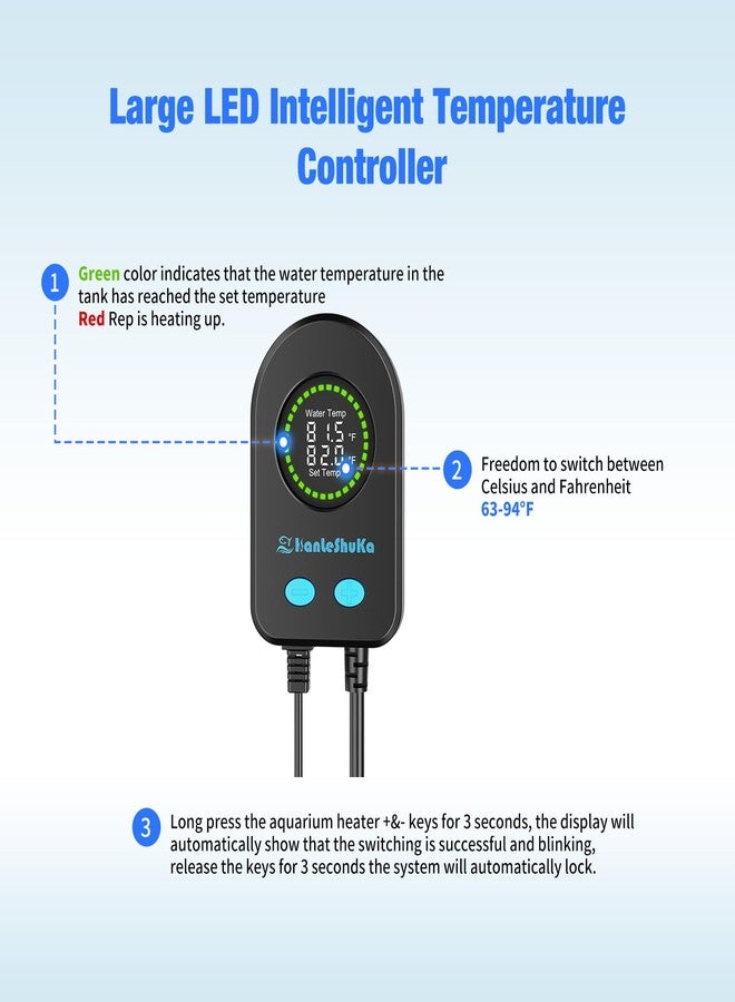 سخان حوض السمك الغاطس من هانليشوكا 100 واط / 200 واط / 300 واط / 500 واط، سخان حوض السمك مع حماية من درجات الحرارة العالية وسخان حوض السلاحف مع إيقاف تشغيل تلقائي عند مغادرة مياه البحر أو المياه العذبة. - Image 2