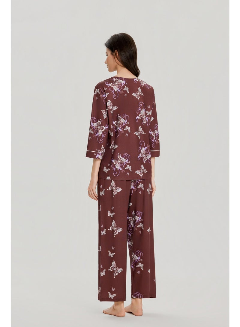 MASHUCK Whimsical Butterfly Print Pajama Set - Soft Silk-Feel Button-Down Sleepwear - Elegant 2-Piece Lounge Suit for Women - Image 2